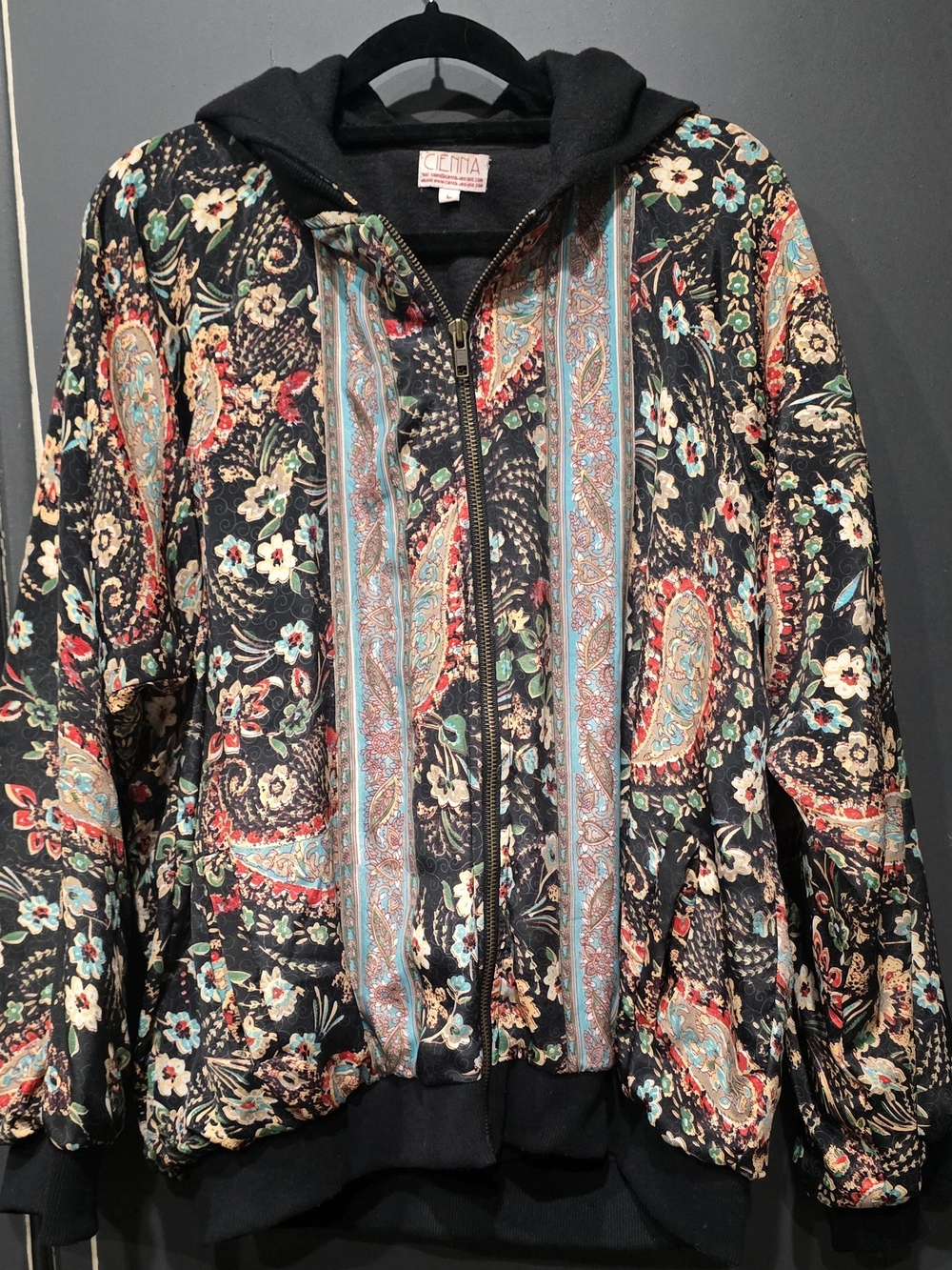 Cienna Nikita Black Floral Paisley Zip-Front Bomber Jacket with Hood